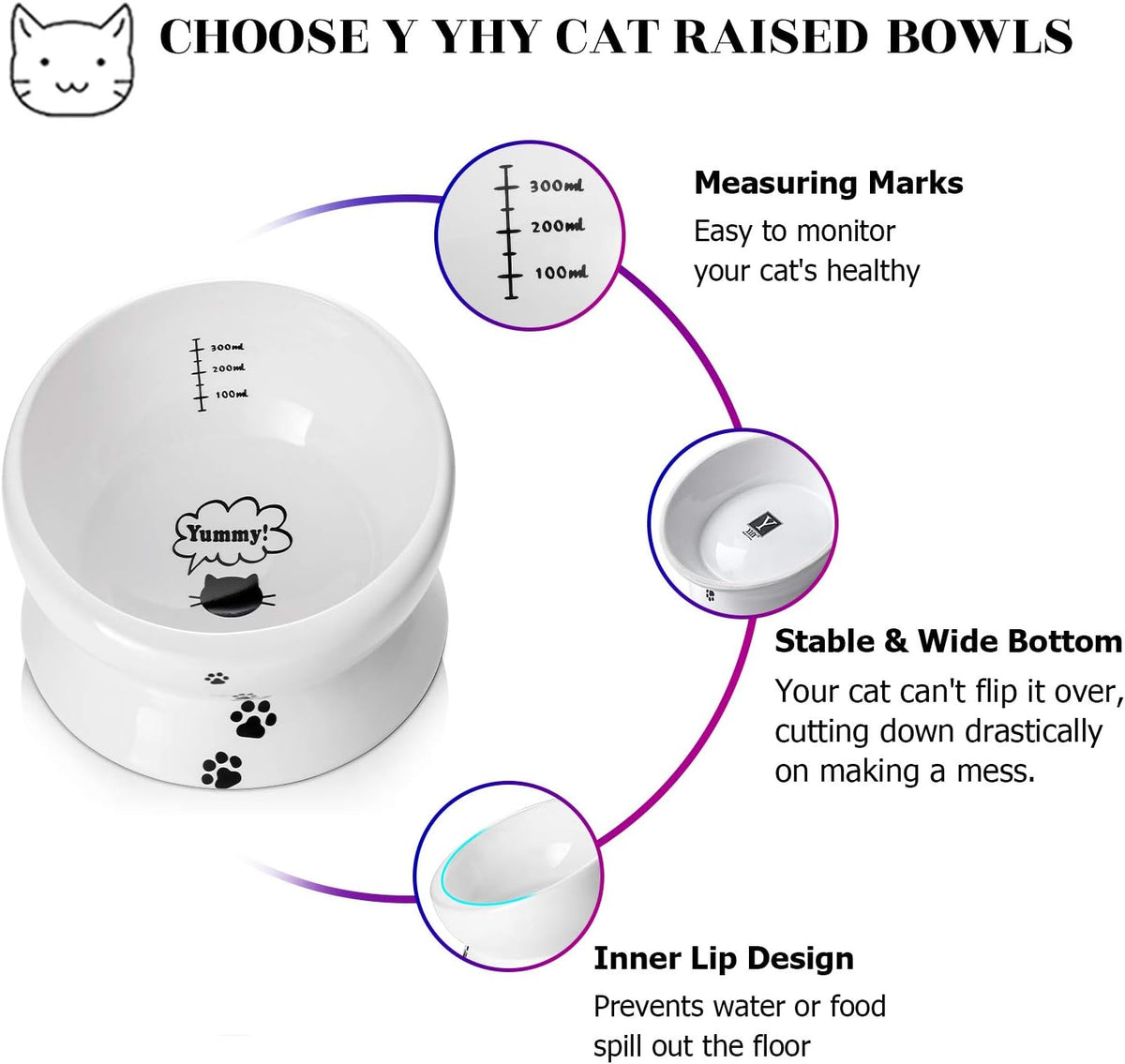 Elevated Tilted Ceramic Cat Bowl - No Spill Design for Comfortable Eating and Drinking, 15oz Capacity, Dishwasher Safe