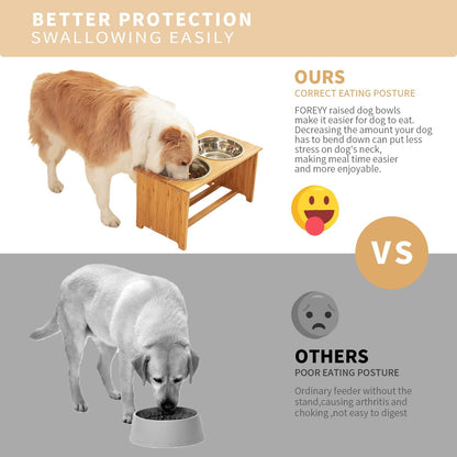 Elevate Your Pet's Dining Experience with FOREYY Bamboo Raised Bowls for Small Dogs and Cats - Includes 2 Stainless Steel Bowls and Anti-Slip Feet