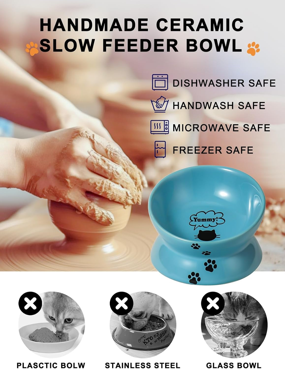 Elevate Your Cat's Dining Experience with Our Stylish Lake Blue Ceramic Food Bowl - Anti Vomiting & Nonslip Design for Comfortable Eating