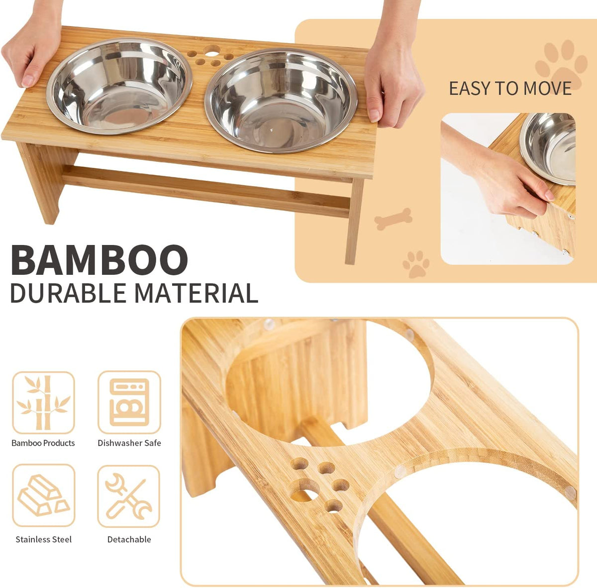 Elevate Your Pet's Dining Experience with FOREYY Bamboo Raised Bowls for Small Dogs and Cats - Includes 2 Stainless Steel Bowls and Anti-Slip Feet