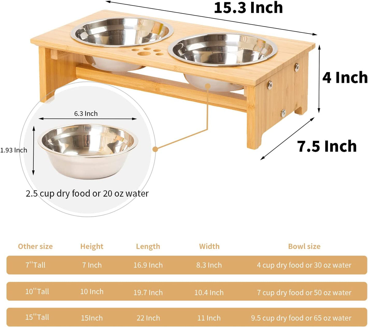 Elevate Your Pet's Dining Experience with FOREYY Bamboo Raised Bowls for Small Dogs and Cats - Includes 2 Stainless Steel Bowls and Anti-Slip Feet