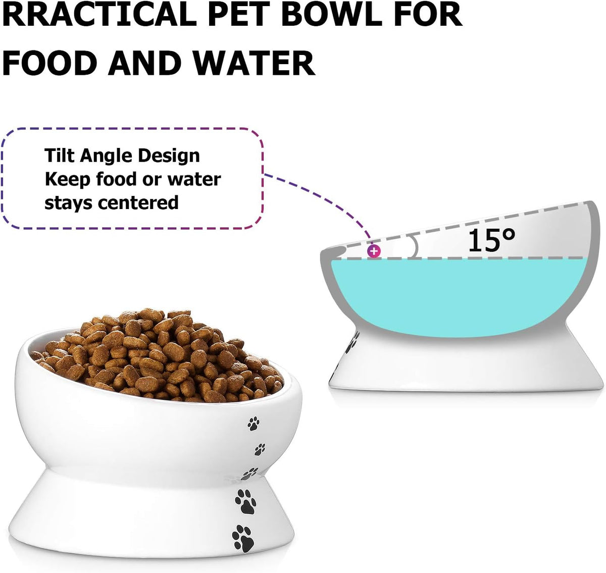 Elevated Tilted Ceramic Cat Bowl - No Spill Design for Comfortable Eating and Drinking, 15oz Capacity, Dishwasher Safe