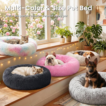 Indulge Your Pet with the Ultimate Calming Donut Bed - Fluffy, Warm, and Cozy Cat & Dog Bed for Small to Medium Pets in Beige Taupe