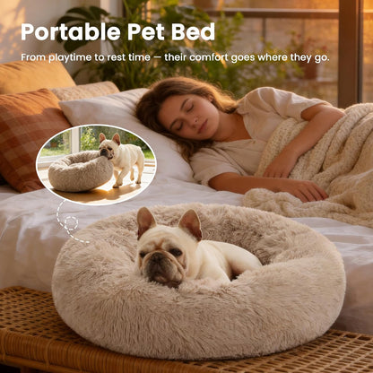 Indulge Your Pet with the Ultimate Calming Donut Bed - Fluffy, Warm, and Cozy Cat & Dog Bed for Small to Medium Pets in Beige Taupe