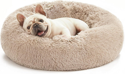 Indulge Your Pet with the Ultimate Calming Donut Bed - Fluffy, Warm, and Cozy Cat & Dog Bed for Small to Medium Pets in Beige Taupe