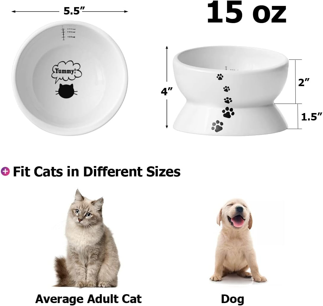 Elevated Tilted Ceramic Cat Bowl - No Spill Design for Comfortable Eating and Drinking, 15oz Capacity, Dishwasher Safe