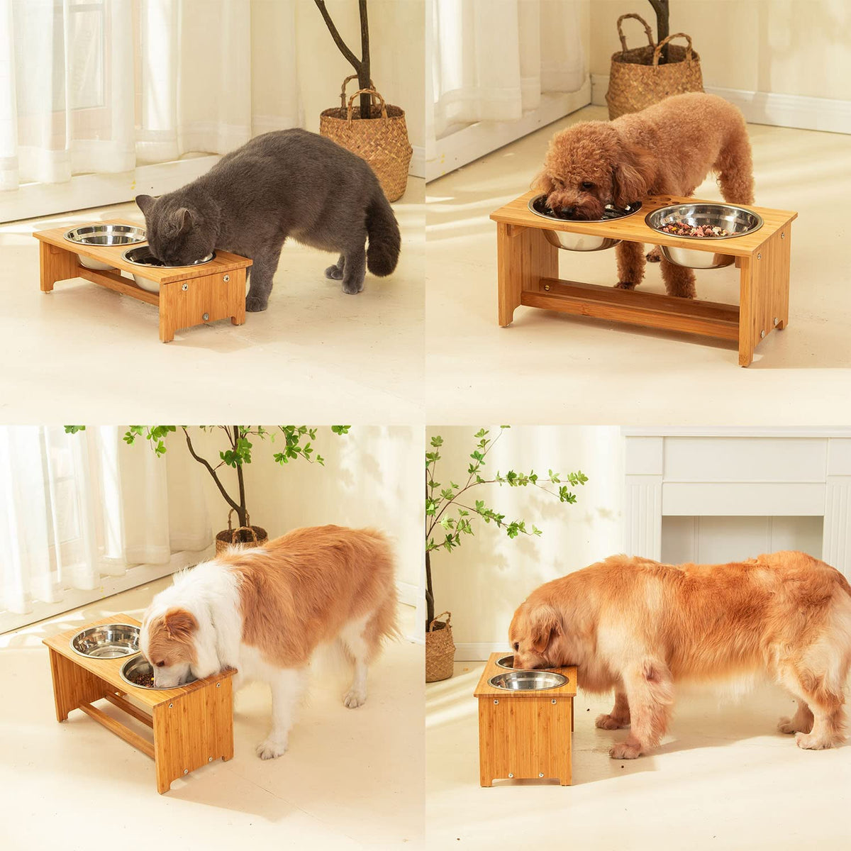 Elevate Your Pet's Dining Experience with FOREYY Bamboo Raised Bowls for Small Dogs and Cats - Includes 2 Stainless Steel Bowls and Anti-Slip Feet