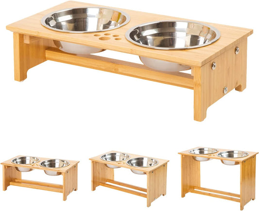 Elevate Your Pet's Dining Experience with FOREYY Bamboo Raised Bowls for Small Dogs and Cats - Includes 2 Stainless Steel Bowls and Anti-Slip Feet