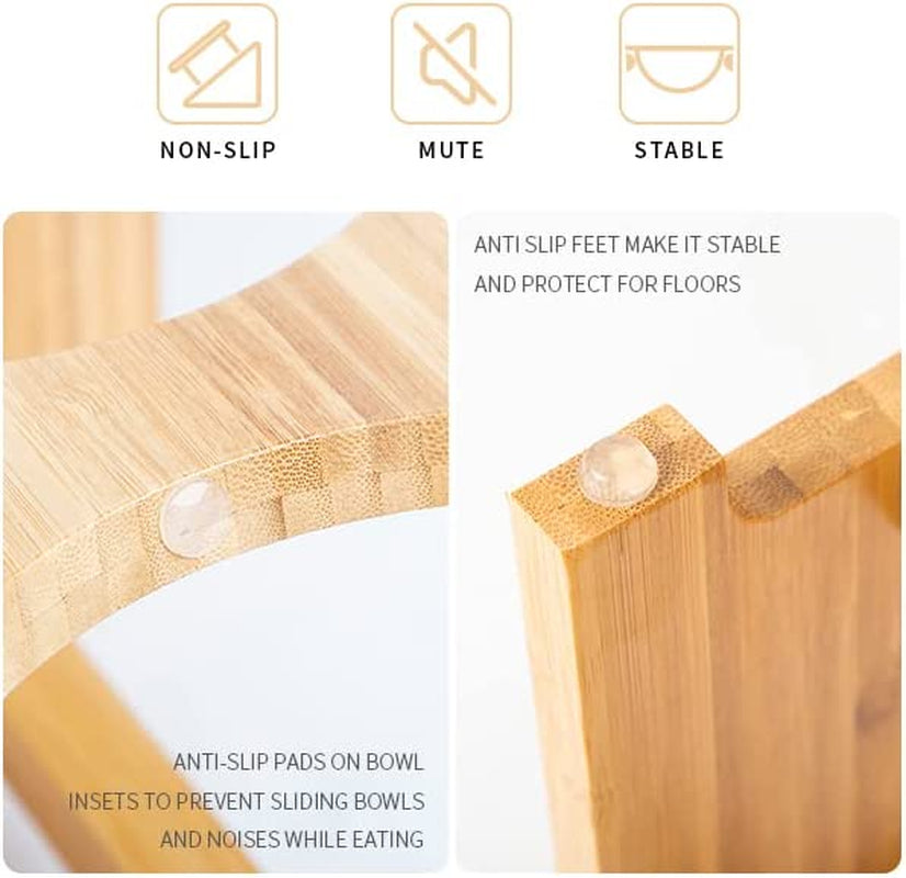 Elevate Your Pet's Dining Experience with FOREYY Bamboo Raised Bowls for Small Dogs and Cats - Includes 2 Stainless Steel Bowls and Anti-Slip Feet