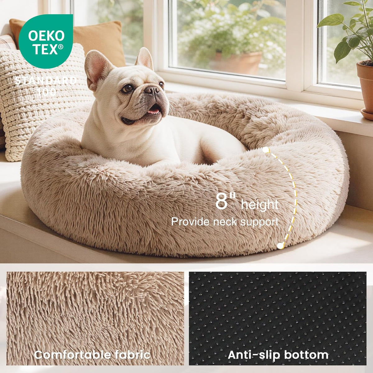Indulge Your Pet with the Ultimate Calming Donut Bed - Fluffy, Warm, and Cozy Cat & Dog Bed for Small to Medium Pets in Beige Taupe